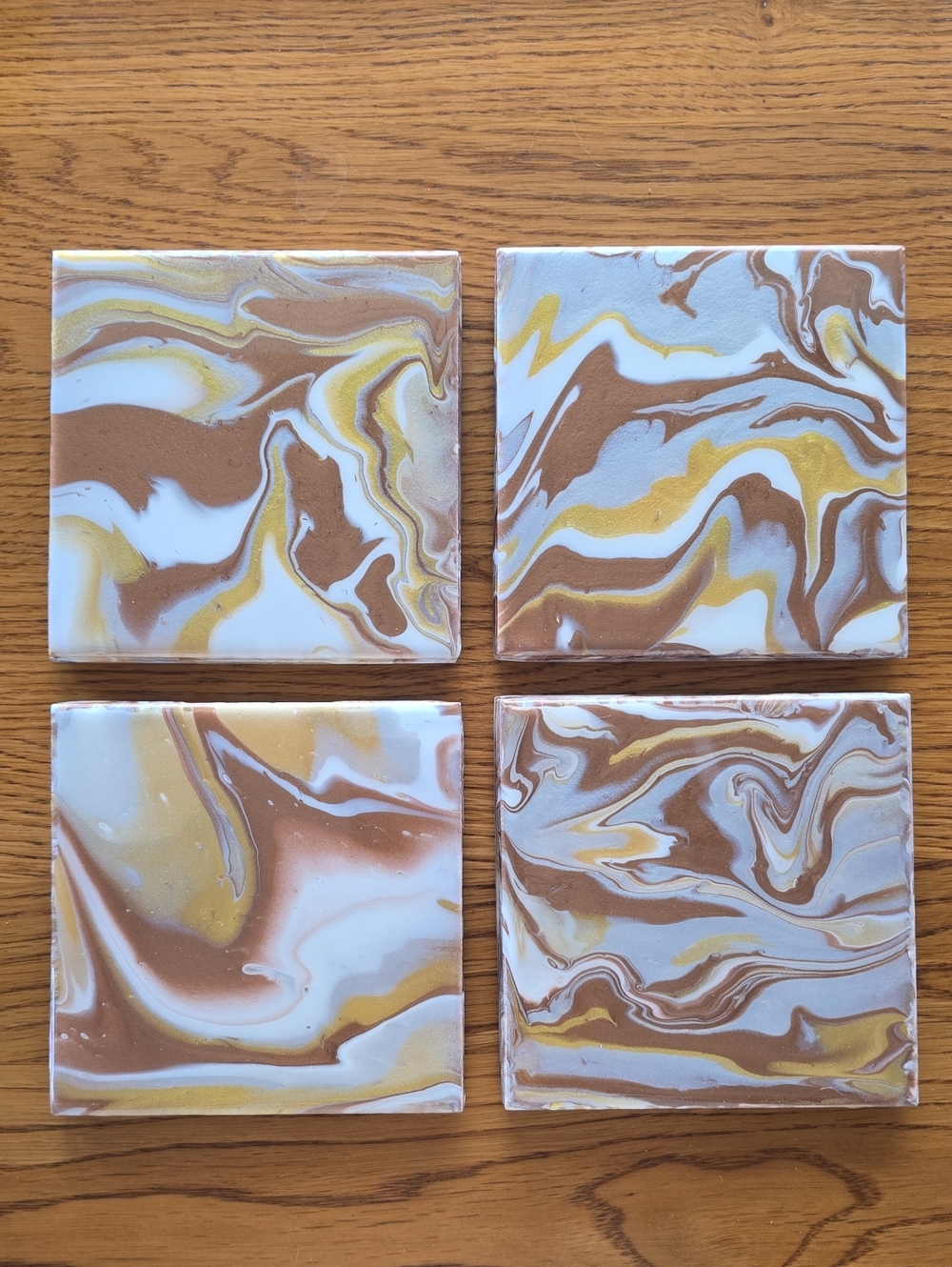 Hand Crafted Marble Coaster Set in White, Gold, and Brown